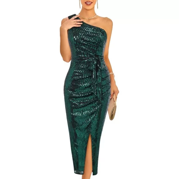 GRACE KARIN Women Sleeveless One Shoulder Sequin Dress Sparkly Glitter Wrap Dress Cocktail Wedding Maxi Dresses with SlitDark Green