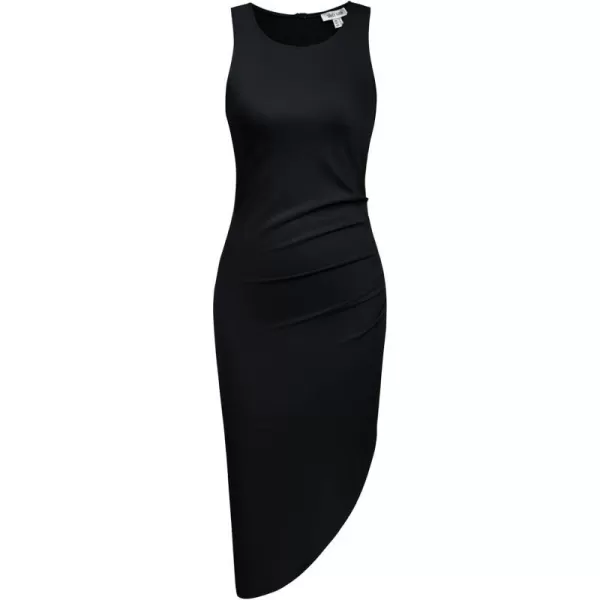 GRACE KARIN Women Sleeveless Ruched Dress Solid Crew Neck Summer Irregular Midi DressBlack