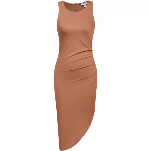 GRACE KARIN Women Sleeveless Ruched Dress Solid Crew Neck Summer Irregular Midi DressPinkishorange