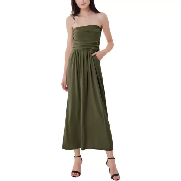 GRACE KARIN Women Strapless Casual Loose Ruched Long Maxi Dress with PocketsDeep Army Green