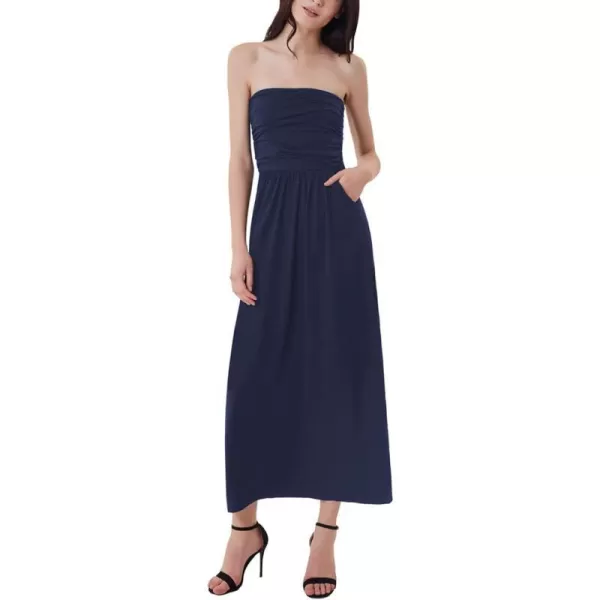 GRACE KARIN Women Strapless Casual Loose Ruched Long Maxi Dress with PocketsNavy Blue