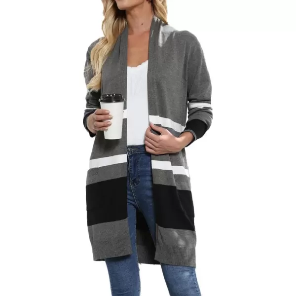 GRACE KARIN Women Striped Long Sleeve Open Cardigan Sweaters Coat with PocketsBlock Color11