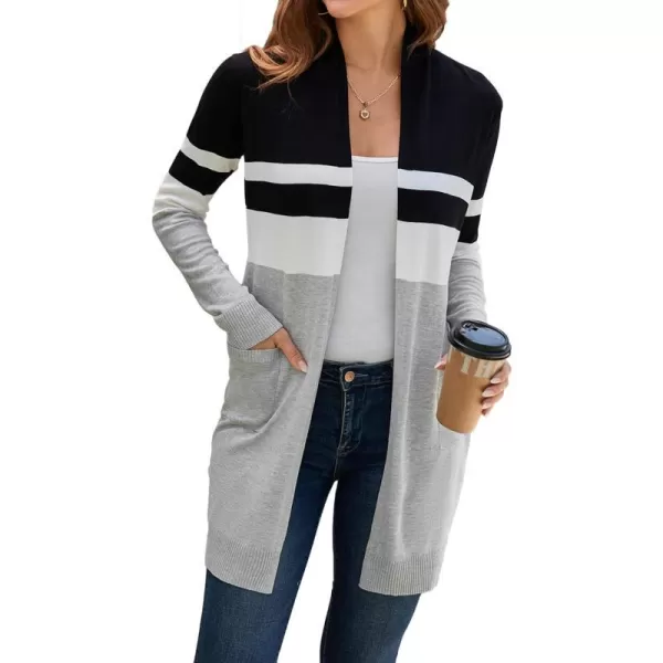 GRACE KARIN Women Striped Long Sleeve Open Cardigan Sweaters Coat with PocketsColorblock14