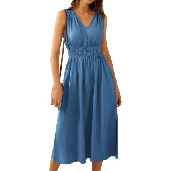 GRACE KARIN Women Summer Sleeveless Tank V Neck Dress 2024 Cotton Linen Smocked Casual Loose Midi Dress with PocketsGray Blue