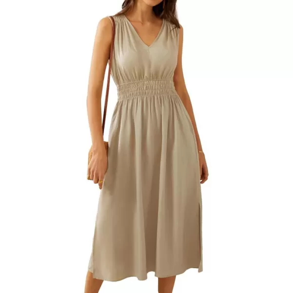 GRACE KARIN Women Summer Sleeveless Tank V Neck Dress 2024 Cotton Linen Smocked Casual Loose Midi Dress with PocketsLight Khaki