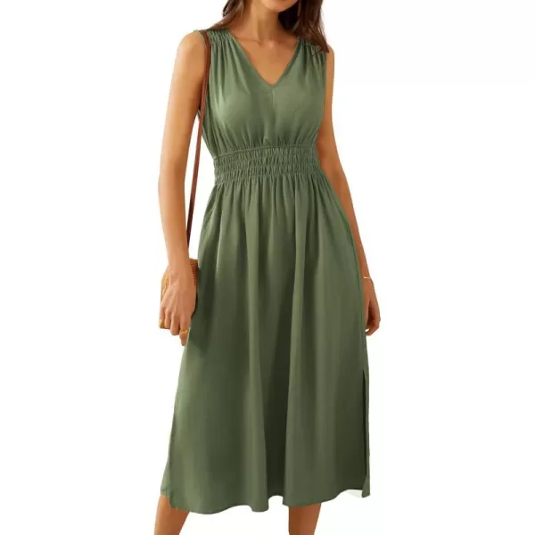 GRACE KARIN Women Summer Sleeveless Tank V Neck Dress 2024 Cotton Linen Smocked Casual Loose Midi Dress with PocketsOlive Green