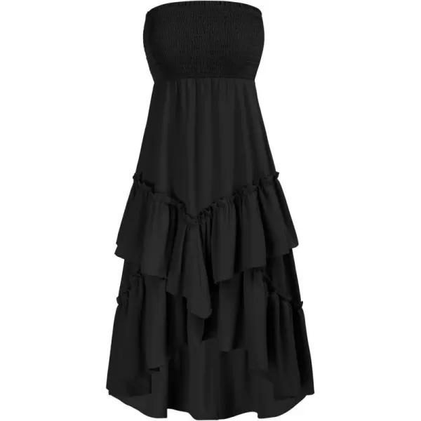 GRACE KARIN Women Two Way Boho Ruffle Tiered Tube Top Dress Shirred Flowy Midi Skirt Strapless Summer A Line Beach DressBlack