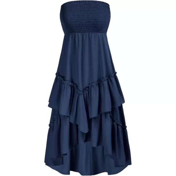 GRACE KARIN Women Two Way Boho Ruffle Tiered Tube Top Dress Shirred Flowy Midi Skirt Strapless Summer A Line Beach DressDark Blue