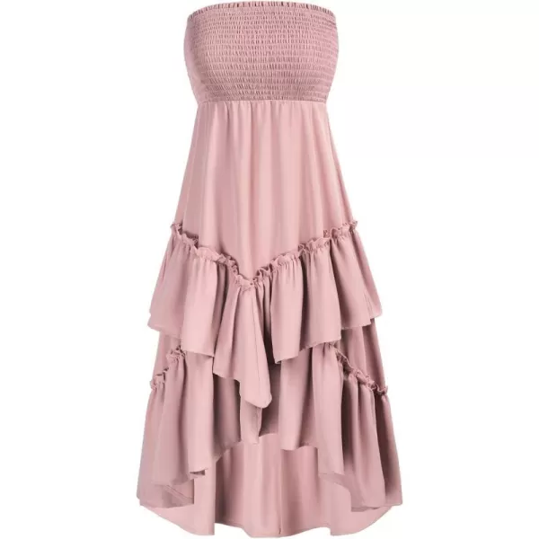 GRACE KARIN Women Two Way Boho Ruffle Tiered Tube Top Dress Shirred Flowy Midi Skirt Strapless Summer A Line Beach DressLight Pink