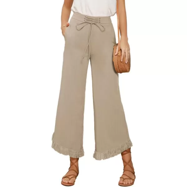 GRACE KARIN Women Wide Leg Linen Palazzo Pants Boho Drawstring Waist Oblique Tassel Hem Beach Trousers with PocketsApricot