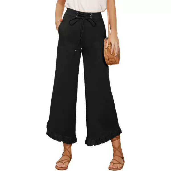 GRACE KARIN Women Wide Leg Linen Palazzo Pants Boho Drawstring Waist Oblique Tassel Hem Beach Trousers with PocketsBlack