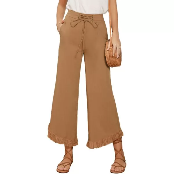 GRACE KARIN Women Wide Leg Linen Palazzo Pants Boho Drawstring Waist Oblique Tassel Hem Beach Trousers with PocketsBrown