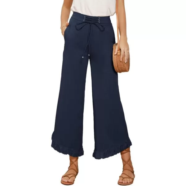 GRACE KARIN Women Wide Leg Linen Palazzo Pants Boho Drawstring Waist Oblique Tassel Hem Beach Trousers with PocketsNavy Blue