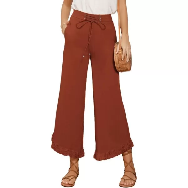 GRACE KARIN Women Wide Leg Linen Palazzo Pants Boho Drawstring Waist Oblique Tassel Hem Beach Trousers with PocketsOrange