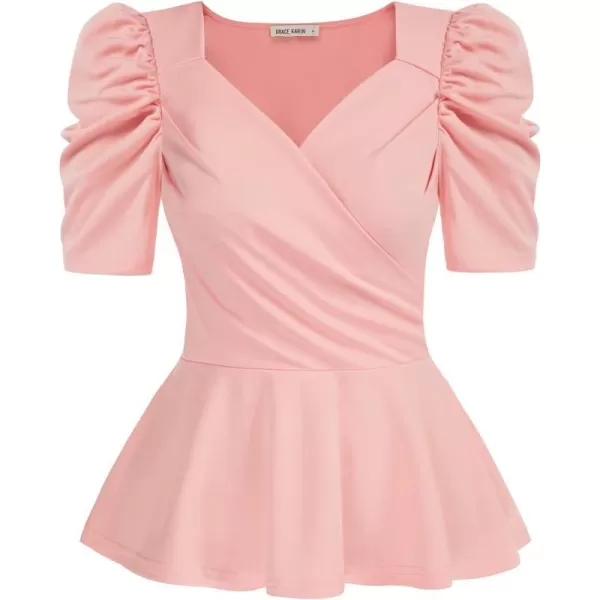 GRACE KARIN Women Wrap Tops Puff Sleeve Peplum Top Elegant V Neck Summer Tops Fitted BlousePink