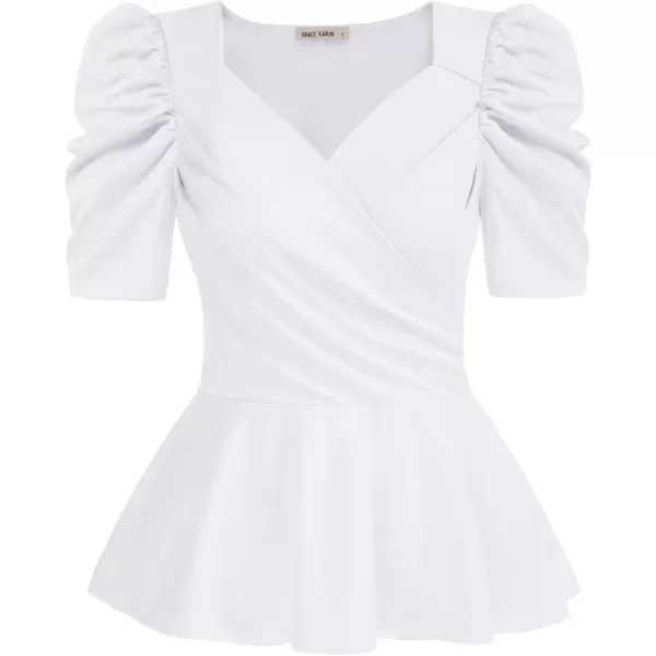 GRACE KARIN Women Wrap Tops Puff Sleeve Peplum Top Elegant V Neck Summer Tops Fitted BlouseWhite