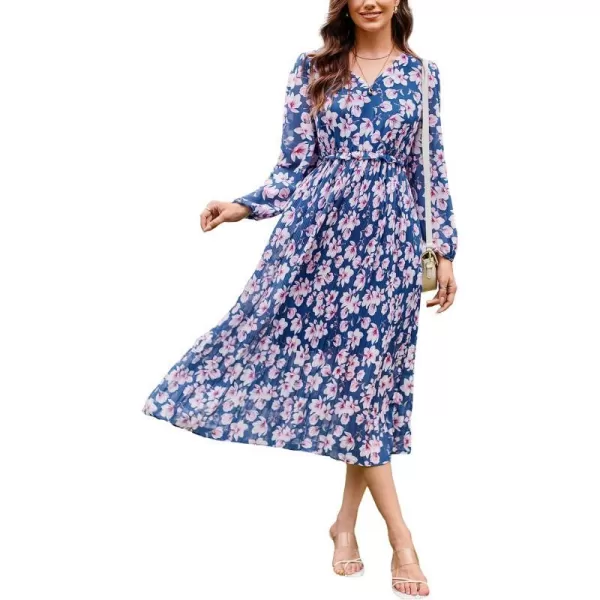 GRACE KARIN Womens 2023 Boho Floral Maxi Dress V Neck Long Sleeve Casual Ruffle Smocked Aline Pleated Flowy Beach DressBlue