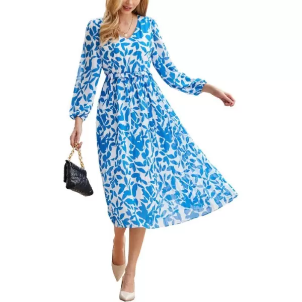 GRACE KARIN Womens 2023 Boho Floral Maxi Dress V Neck Long Sleeve Casual Ruffle Smocked Aline Pleated Flowy Beach DressBlue Floral