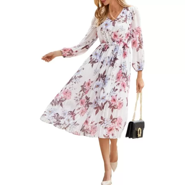 GRACE KARIN Womens 2023 Boho Floral Maxi Dress V Neck Long Sleeve Casual Ruffle Smocked Aline Pleated Flowy Beach DressWhite Floral