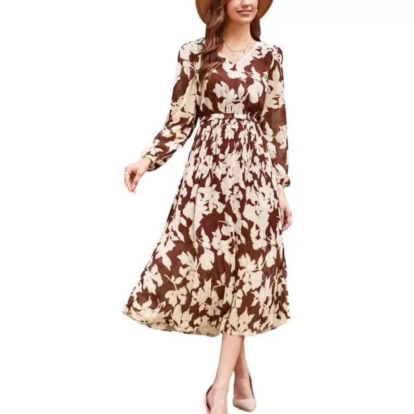 GRACE KARIN Womens 2023 Boho Floral Maxi Dress V Neck Long Sleeve Casual Ruffle Smocked Aline Pleated Flowy Beach DressWine