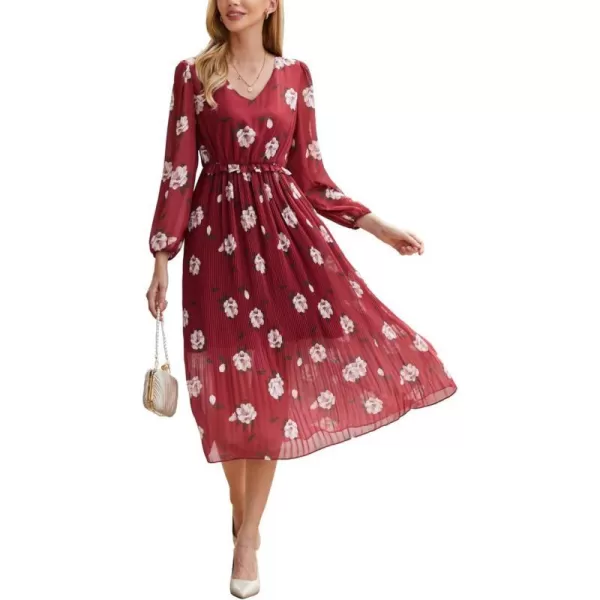 GRACE KARIN Womens 2023 Boho Floral Maxi Dress V Neck Long Sleeve Casual Ruffle Smocked Aline Pleated Flowy Beach DressWine Floral