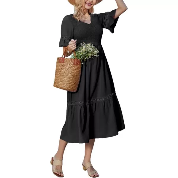 GRACE KARIN Womens 2023 Boho V Neck Short Flutter Sleeve Smocked Tiered Dress Empire Waist Ruffle Beach Long Maxi DressBlack