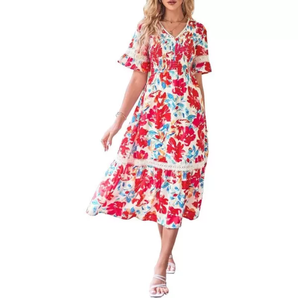 GRACE KARIN Womens 2023 Boho V Neck Short Flutter Sleeve Smocked Tiered Dress Empire Waist Ruffle Beach Long Maxi DressRed Blue Flower