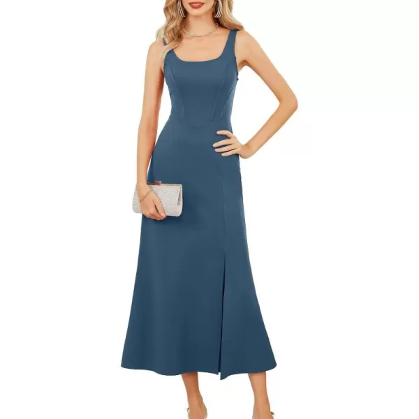 GRACE KARIN Womens 2023 Elegant Square Neck Split Formal Dress for Wedding Guest Cocktail Evening PartyGery Blue