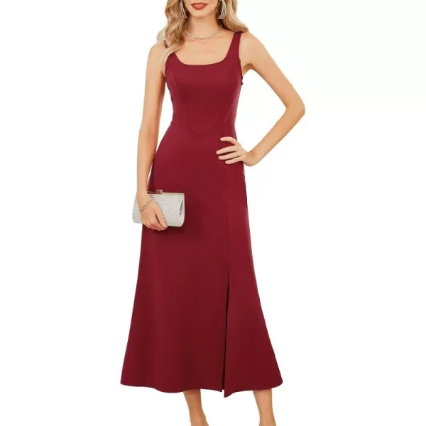 GRACE KARIN Womens 2023 Elegant Square Neck Split Formal Dress for Wedding Guest Cocktail Evening PartyWine