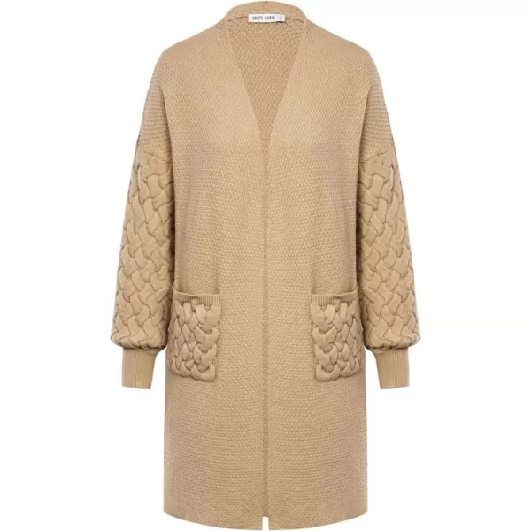 GRACE KARIN Womens 2023 Fall Long Sleeve Waffle Knit Cardigan Chunky Open Front Long Loose Sweater Coat with PocketsKhaki