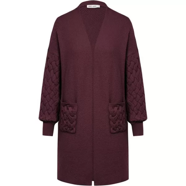 GRACE KARIN Womens 2023 Fall Long Sleeve Waffle Knit Cardigan Chunky Open Front Long Loose Sweater Coat with PocketsWine Red