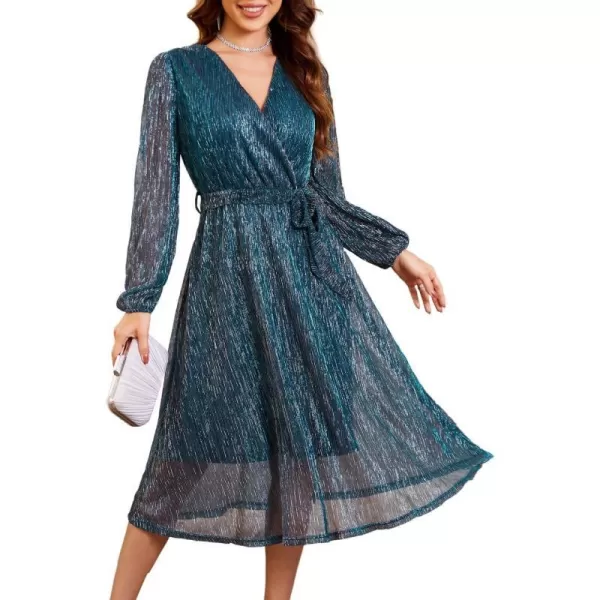 GRACE KARIN Womens 2023 Flowy Wrap V Neck Long Sleeve Midi Dress Glitter Chiffon Wedding Guest Dress with BeltDazzling Blue