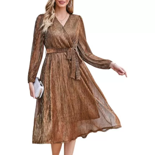 GRACE KARIN Womens 2023 Flowy Wrap V Neck Long Sleeve Midi Dress Glitter Chiffon Wedding Guest Dress with BeltDazzling Gold