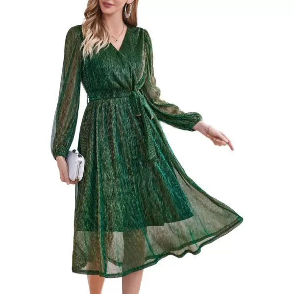 GRACE KARIN Womens 2023 Flowy Wrap V Neck Long Sleeve Midi Dress Glitter Chiffon Wedding Guest Dress with BeltDazzling Green