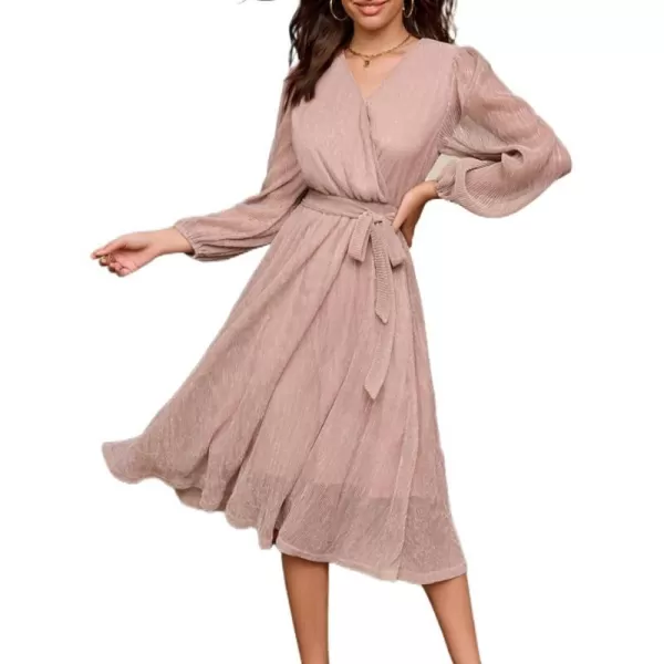 GRACE KARIN Womens 2023 Flowy Wrap V Neck Long Sleeve Midi Dress Glitter Chiffon Wedding Guest Dress with BeltLight Pink