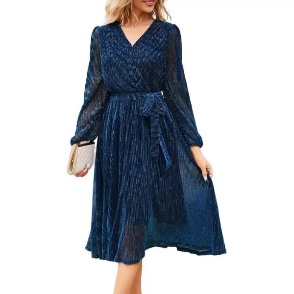 GRACE KARIN Womens 2023 Flowy Wrap V Neck Long Sleeve Midi Dress Glitter Chiffon Wedding Guest Dress with BeltNavy Blue