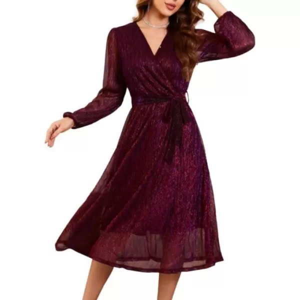 GRACE KARIN Womens 2023 Flowy Wrap V Neck Long Sleeve Midi Dress Glitter Chiffon Wedding Guest Dress with BeltPurple Red