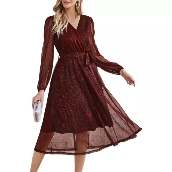 GRACE KARIN Womens 2023 Flowy Wrap V Neck Long Sleeve Midi Dress Glitter Chiffon Wedding Guest Dress with BeltWine Red