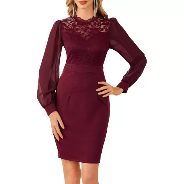 GRACE KARIN Womens 2023 Lace Chiffon Long Sleeve Wrapped Bodycon Pencil DressWine Red