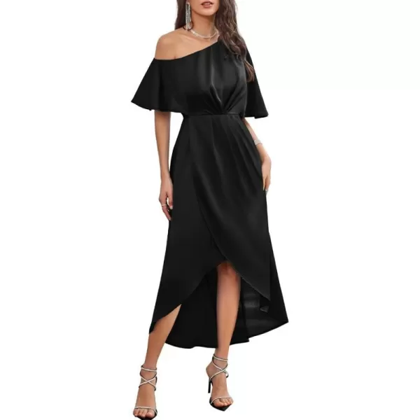 GRACE KARIN Womens 2023 Off One Shoulder Satin Ruched Dresses A Line High Low Formal Wedding Guest Evening Cocktail DressesBlacksatin