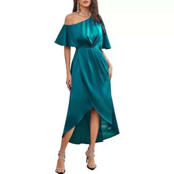 GRACE KARIN Womens 2023 Off One Shoulder Satin Ruched Dresses A Line High Low Formal Wedding Guest Evening Cocktail DressesBlue Greensatin