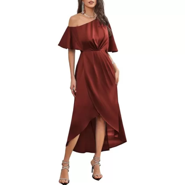 GRACE KARIN Womens 2023 Off One Shoulder Satin Ruched Dresses A Line High Low Formal Wedding Guest Evening Cocktail DressesBurgundysatin