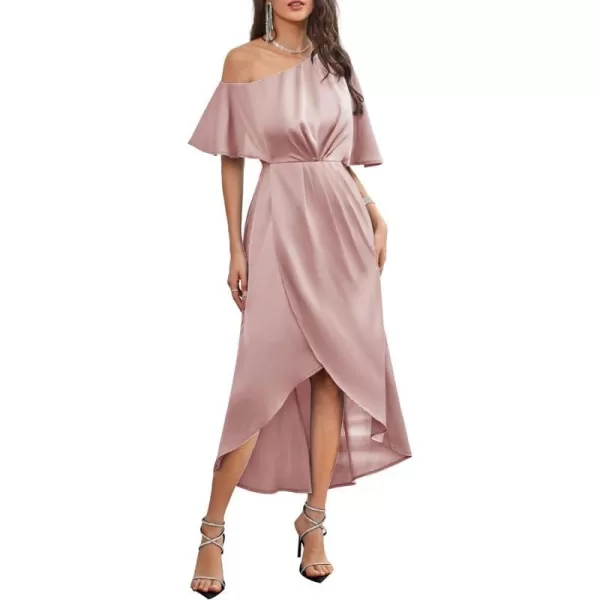 GRACE KARIN Womens 2023 Off One Shoulder Satin Ruched Dresses A Line High Low Formal Wedding Guest Evening Cocktail DressesPinksatin