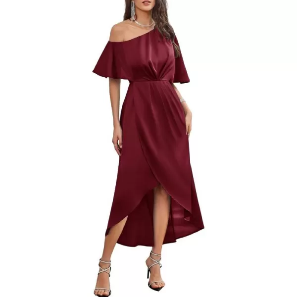 GRACE KARIN Womens 2023 Off One Shoulder Satin Ruched Dresses A Line High Low Formal Wedding Guest Evening Cocktail DressesWine Redsatin