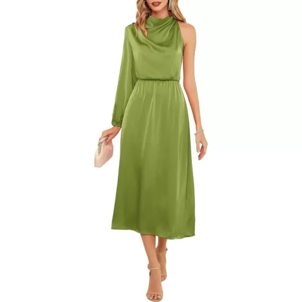 GRACE KARIN Womens 2023 One Shoulder Satin Dress Formal Mock Neck Cocktail Party Maxi Dresses Elegant Ruched Long DressArmy Green