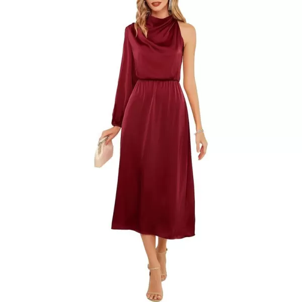 GRACE KARIN Womens 2023 One Shoulder Satin Dress Formal Mock Neck Cocktail Party Maxi Dresses Elegant Ruched Long DressWine Red