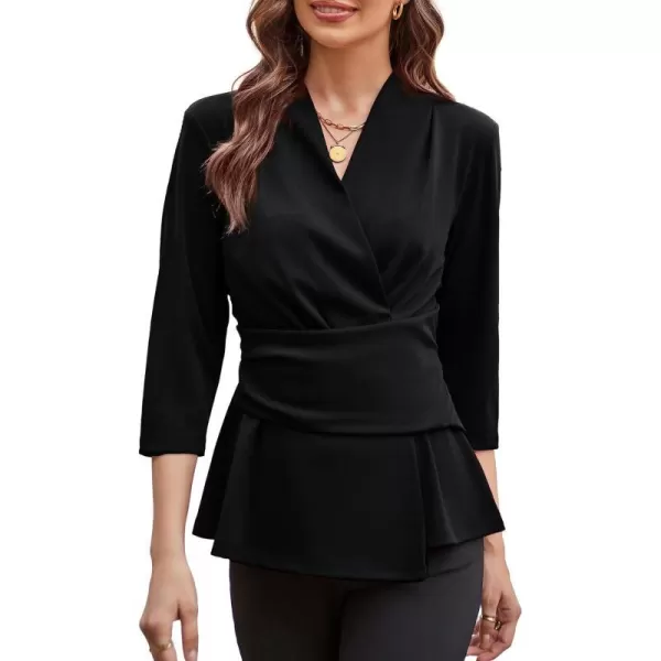 GRACE KARIN Womens 2023 Peplum Tops Wrap V Neck 34 Sleeve Work Business Blouse Solid Tie Waist Dressy Casual ShirtsBlack