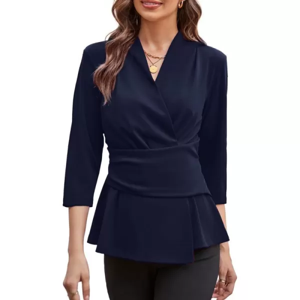 GRACE KARIN Womens 2023 Peplum Tops Wrap V Neck 34 Sleeve Work Business Blouse Solid Tie Waist Dressy Casual ShirtsNavy Blue