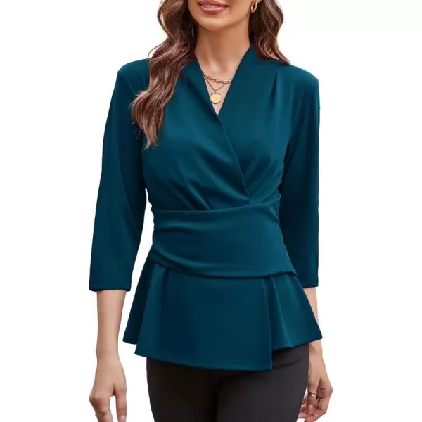 GRACE KARIN Womens 2023 Peplum Tops Wrap V Neck 34 Sleeve Work Business Blouse Solid Tie Waist Dressy Casual ShirtsPeacock Blue