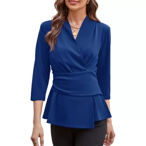 GRACE KARIN Womens 2023 Peplum Tops Wrap V Neck 34 Sleeve Work Business Blouse Solid Tie Waist Dressy Casual ShirtsRoyal Blue